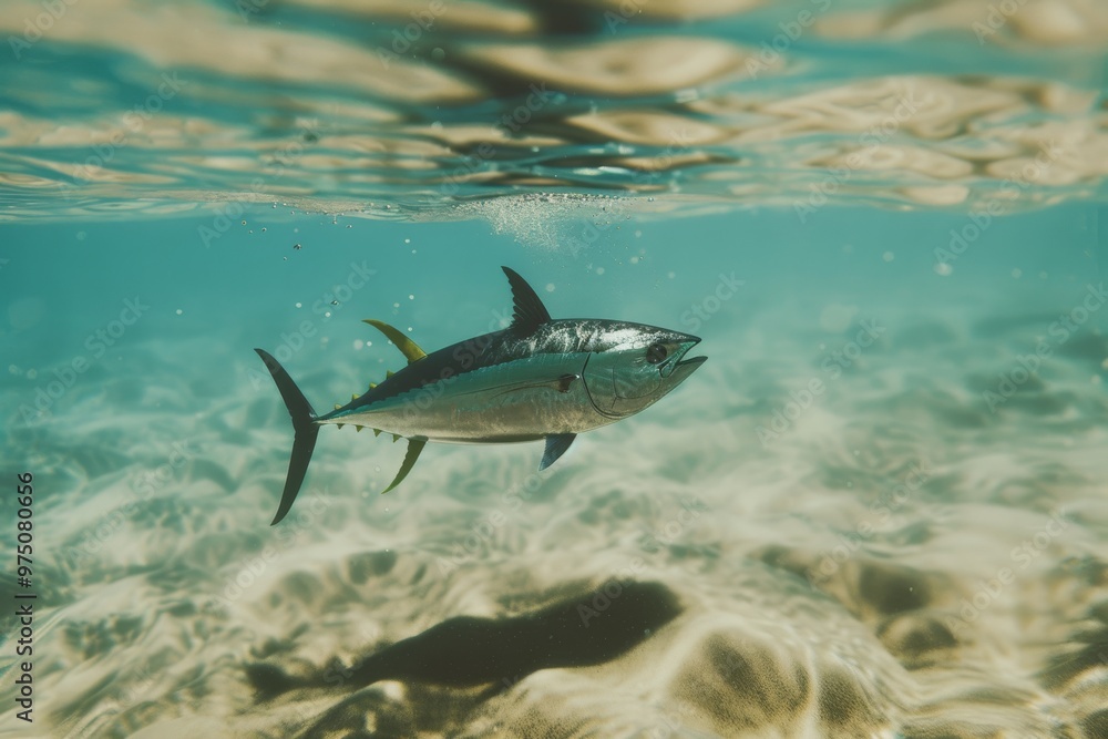 Fototapeta premium An underwater scene showcases a sleek, silver fish gliding effortlessly, sunlight filtering through the water creating a golden glow.