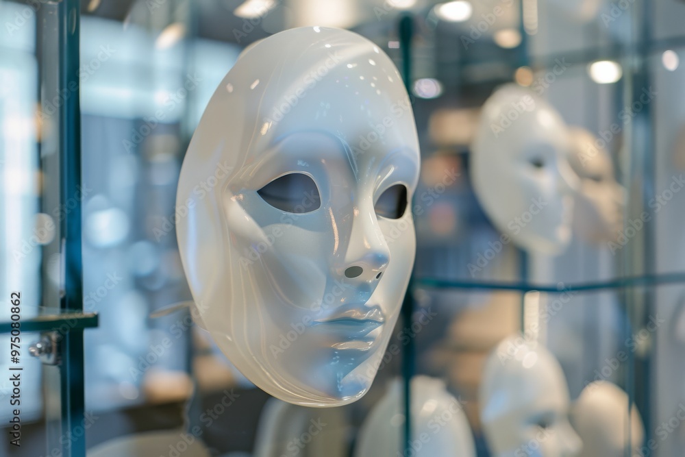 A close-up of sleek, white masks on display under bright lights, giving a sense of mystery and elegance. A close-up of sleek, white masks on display under bright lights, giving a sense of mystery and elegance.
