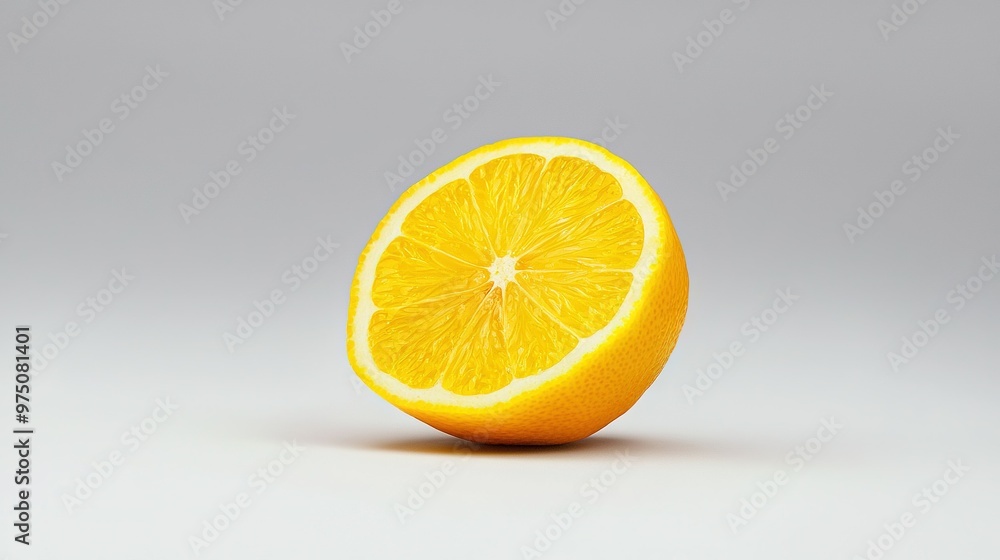 An orange slice on a white table with OJ nearby against a gray backdrop An orange slice on a white table with OJ nearby against a gray backdrop