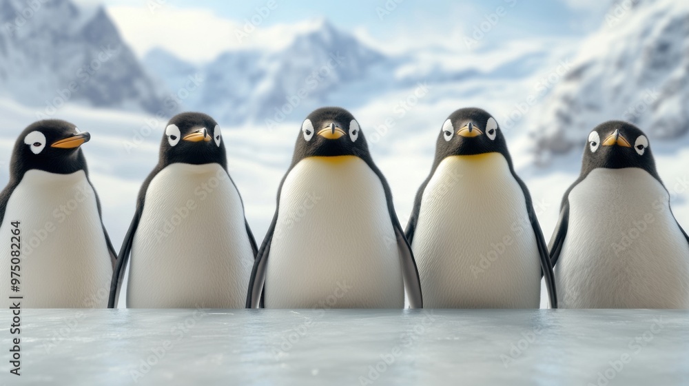 Obraz premium A group of penguins standing in front of a snowy mountain, AI