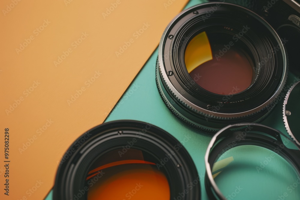 A close-up of various camera lenses with colored filters, showcasing intricate details and a striking contrast against a light blue and yellow backdrop. A close-up of various camera lenses with colored filters, showcasing intricate details and a striking contrast against a light blue and yellow backdrop.