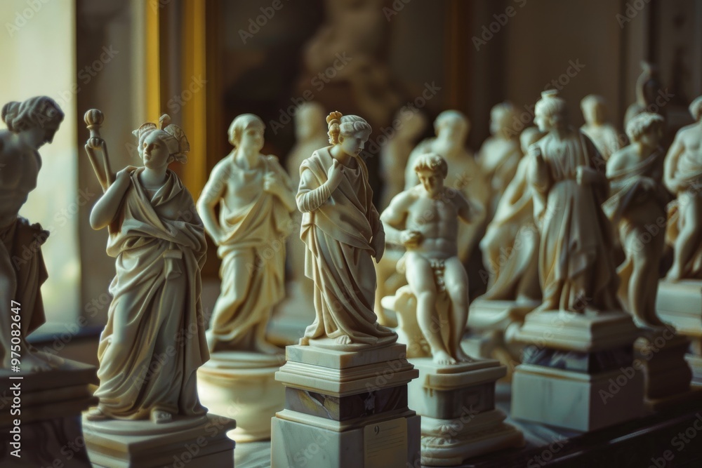 A collection of elegantly crafted marble statues displayed in a dimly lit gallery, capturing the essence of classical art and ancient craftsmanship. A collection of elegantly crafted marble statues displayed in a dimly lit gallery, capturing the essence of classical art and ancient craftsmanship.