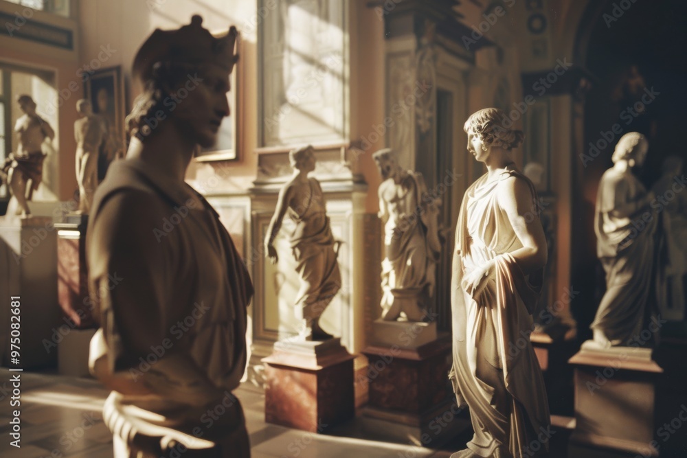 Sunlight streams through the windows of a gallery, illuminating a collection of classical statues with a warm, golden glow, highlighting their intricate details. Sunlight streams through the windows of a gallery, illuminating a collection of classical statues with a warm, golden glow, highlighting their intricate details.
