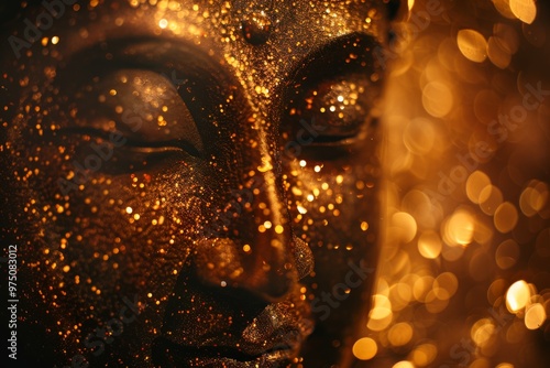 A golden Buddha statue surrounded by shimmering lights, symbolizing peace and enlightenment.