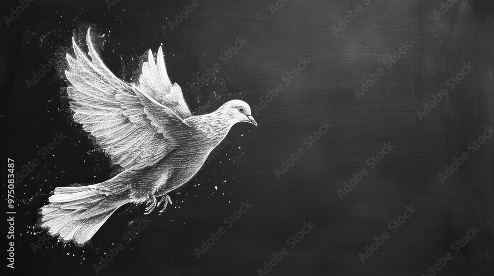 Fototapeta premium white chalk drawing illustration of flying dove on textured black board background, peace symbol, Bird of Peace and kindness
