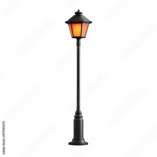 Vintage street lamp with orange glass and black pole on transparent background