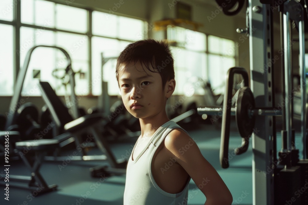 Determined young boy in a white tank top standing confidently in a gym, with exercise equipment and large windows in the background. Determined young boy in a white tank top standing confidently in a gym, with exercise equipment and large windows in the background.