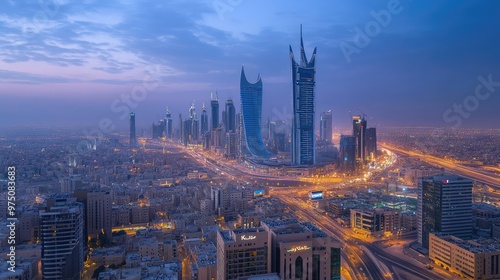 KAFD Buildings in Riyadh at Blue Hour. AI generated illustration