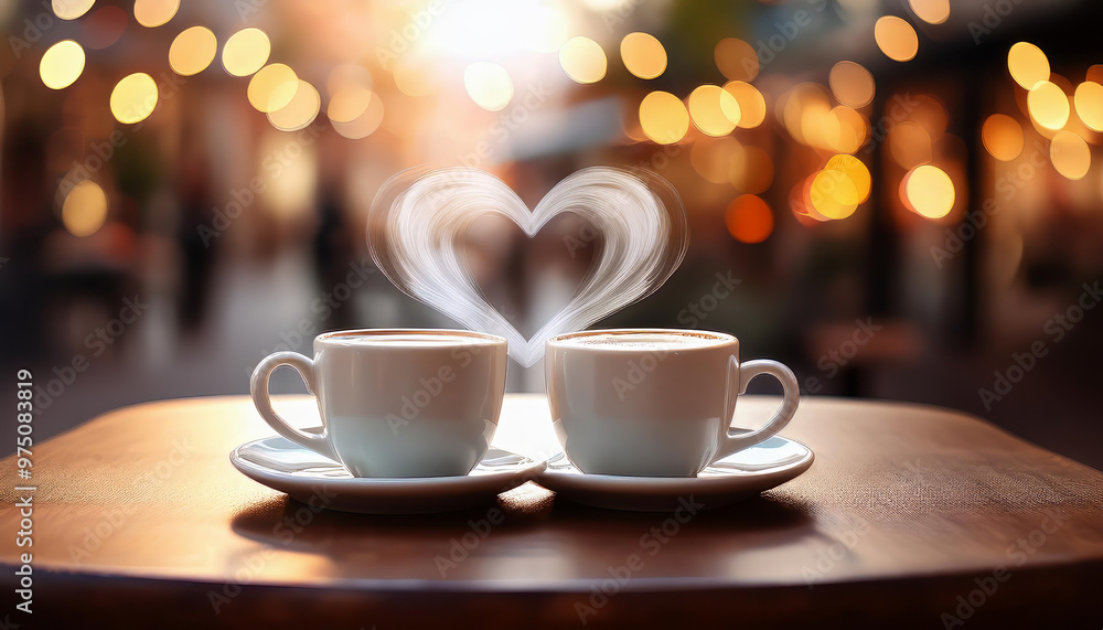 Two cups of coffee are steaming on a cafe table in the evening, forming a heart shape above them Two cups of coffee are steaming on a cafe table in the evening, forming a heart shape above them