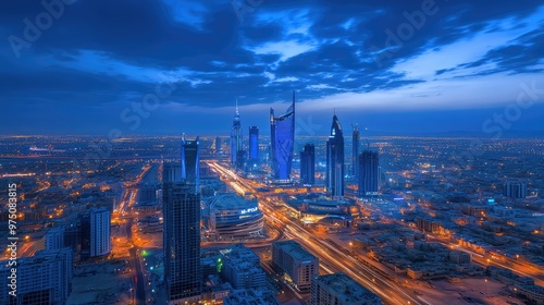 KAFD Buildings in Riyadh at Blue Hour. AI generated illustration