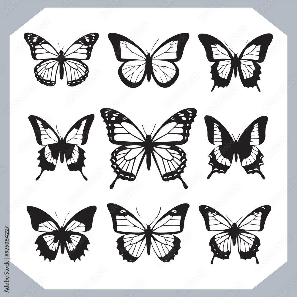 Butterfly silhouette icon, Silhouettes of butterflies. Black of funny butterflies. Insect butterfly black silhouette, Set of butterflies Butterfly silhouette icon, Silhouettes of butterflies. Black of funny butterflies. Insect butterfly black silhouette, Set of butterflies