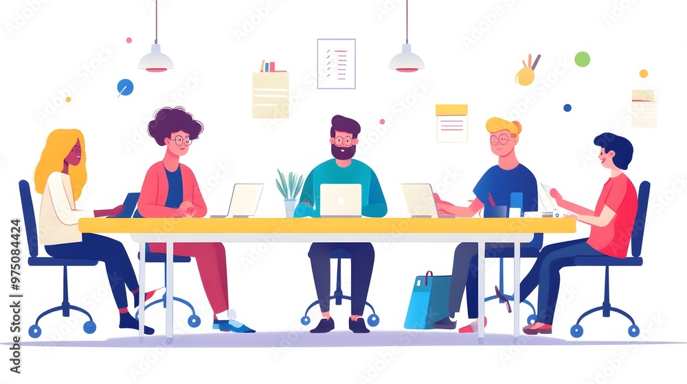 Fototapeta premium Diverse Group of People Collaborating at a Desk with Laptops and Papers