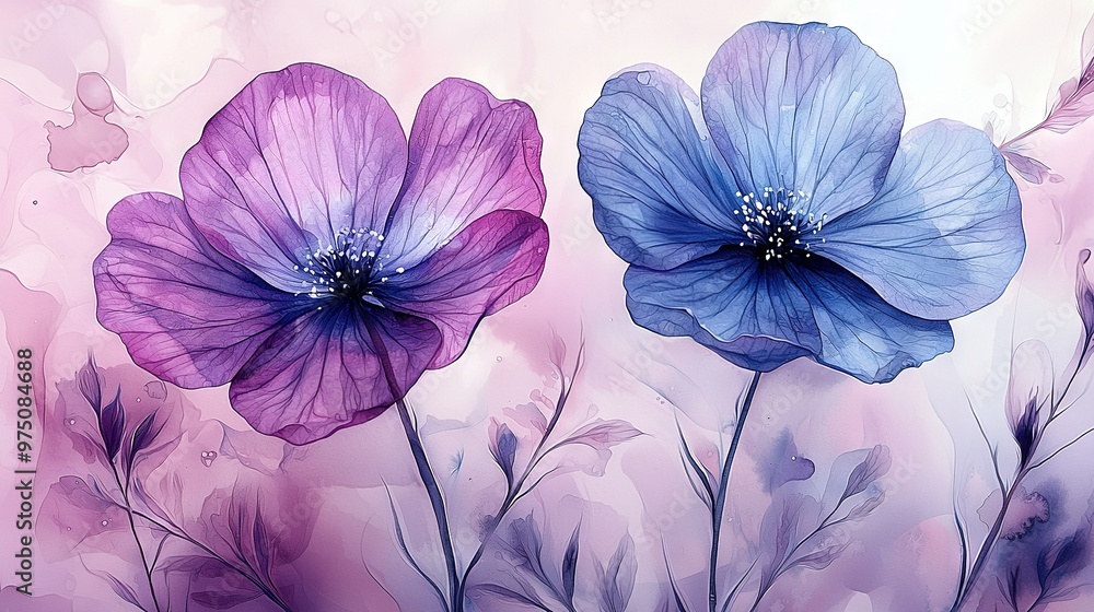 custom made wallpaper toronto digital  A stunning watercolor painting of purple and blue flowers against a pink and purple background, with intricate details in the foreground