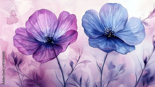 Wallpaper Mural   A stunning watercolor painting of purple and blue flowers against a pink and purple background, with intricate details in the foreground Torontodigital.ca