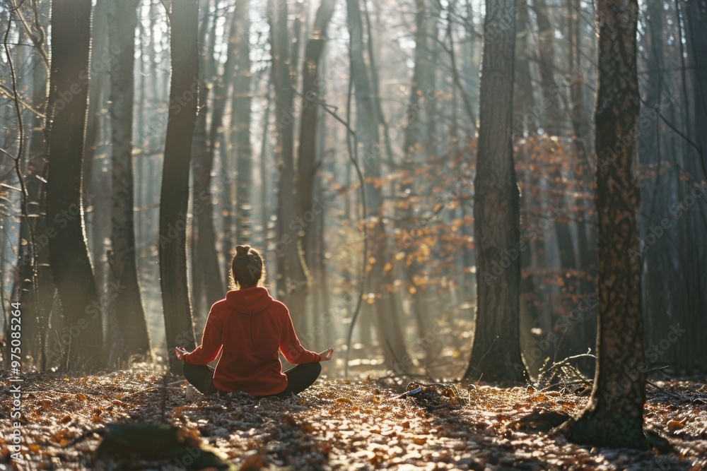 In an enchanting forest at dawn, a person meditates amidst tall trees with rays of sunlight cascading through the branches, symbolizing inner peace. In an enchanting forest at dawn, a person meditates amidst tall trees with rays of sunlight cascading through the branches, symbolizing inner peace.