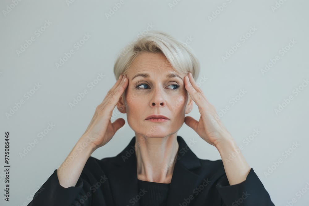 A sophisticated woman in a black coat touches her temples, showing a pensive, perhaps troubled expression, against a plain background. A sophisticated woman in a black coat touches her temples, showing a pensive, perhaps troubled expression, against a plain background.