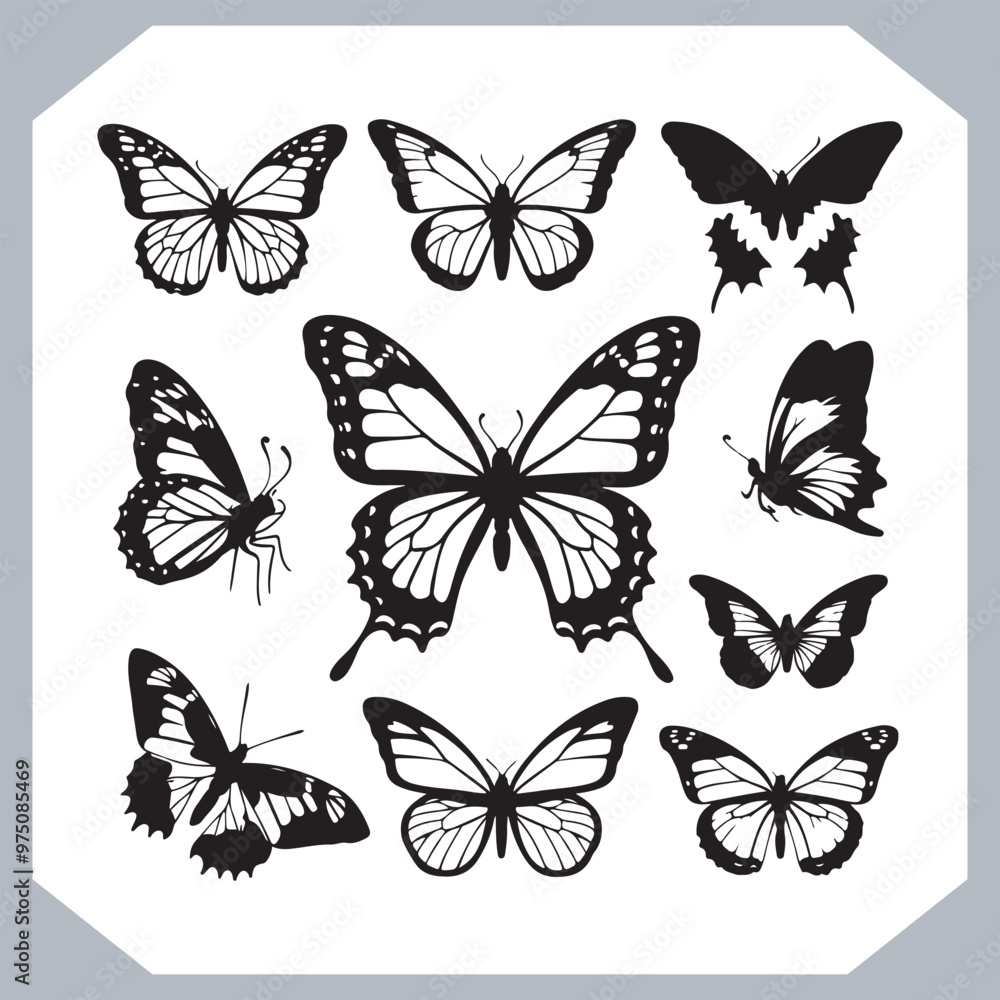 Butterfly silhouette icon, Silhouettes of butterflies. Black of funny butterflies. Insect butterfly black silhouette, Set of butterflies Butterfly silhouette icon, Silhouettes of butterflies. Black of funny butterflies. Insect butterfly black silhouette, Set of butterflies