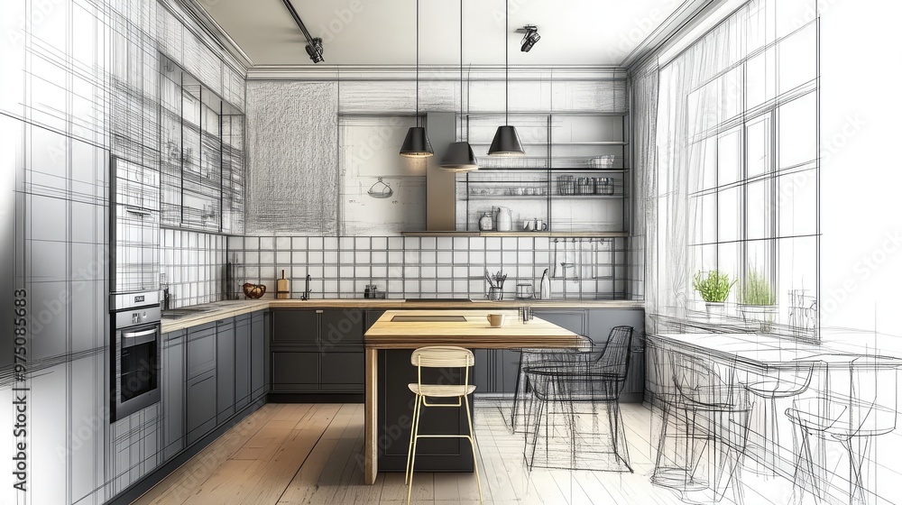 Fototapeta premium Stylish kitchen interior with modern furniture. Combination of photo and sketch. AI generated illustration.
