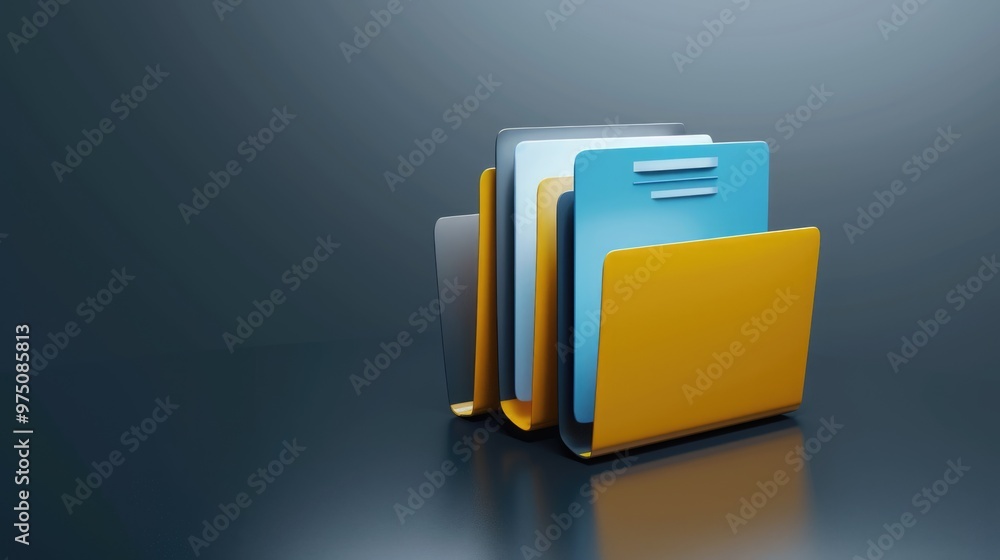 3D folder and documents with notification sign on grey background 3D folder and documents with notification sign on grey background