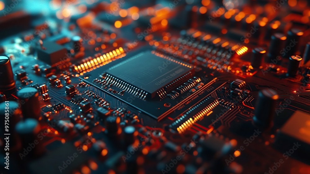 A close-up view of a circuit board, showcasing intricate components and glowing connections. A close-up view of a circuit board, showcasing intricate components and glowing connections.