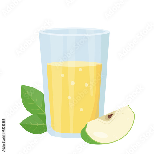 Apple juice in glass icon. Juice and piece of apple fruit. Vitamin smoothie. Fresh Detox fruit cocktail for healthy dieting. Vector illustration isolated on white background.