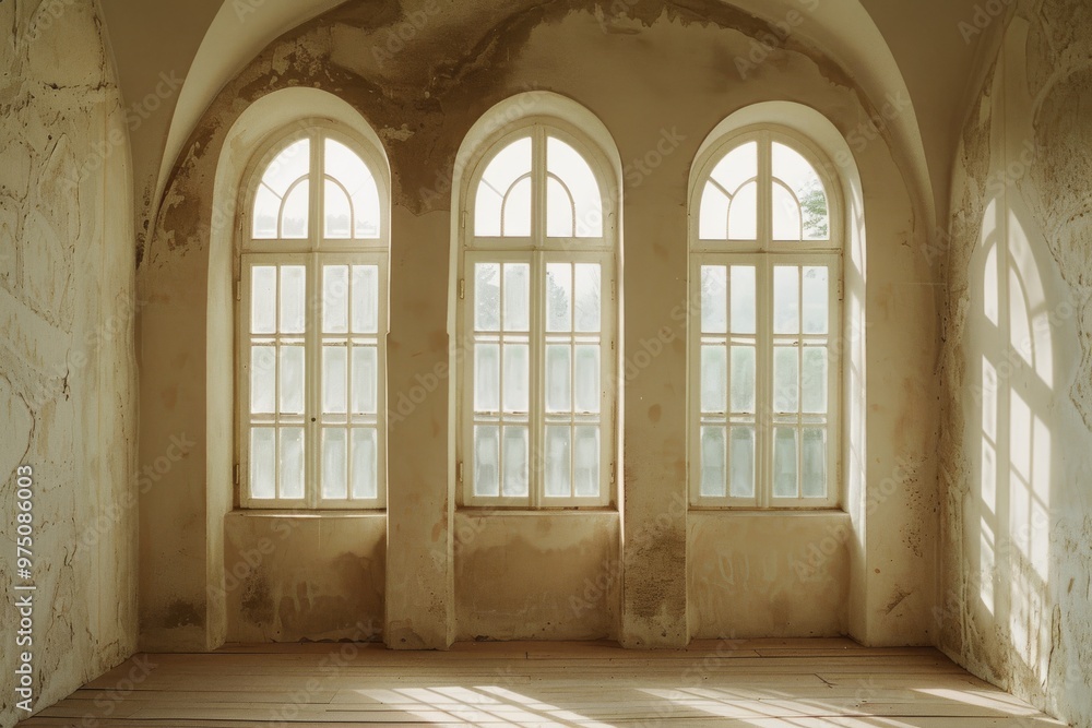 Three tall, arched windows in a worn, plastered wall bath the empty room in soft natural light. Three tall, arched windows in a worn, plastered wall bath the empty room in soft natural light.
