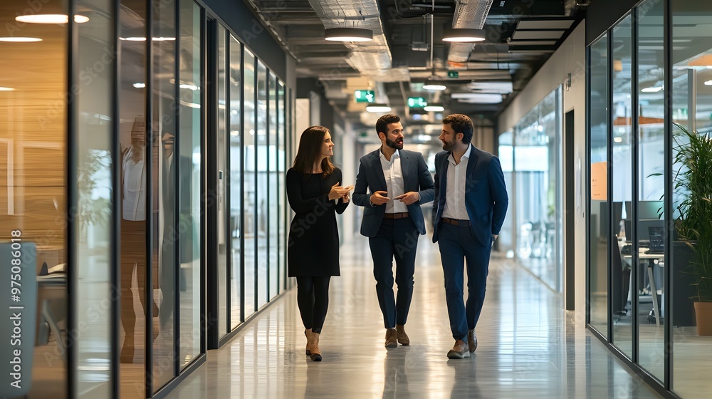 Three Business Professionals Walking and Talking in Modern Office Hallway Three Business Professionals Walking and Talking in Modern Office Hallway
