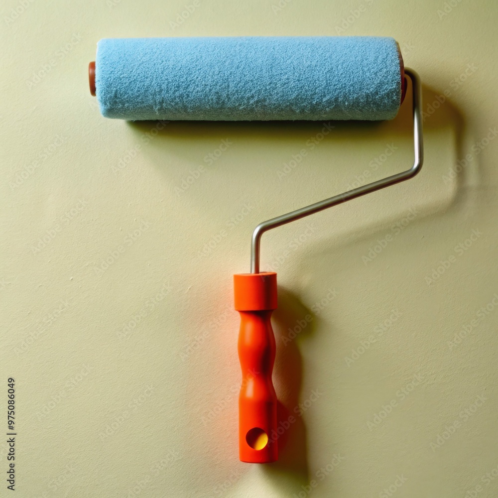 Obraz premium A paint roller with a red handle is on a yellow background