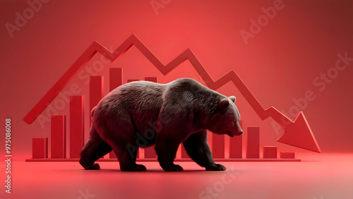 3D Render of a Bear Symbolizing a Bearish Stock Market with a Red Declining Graph in the Background