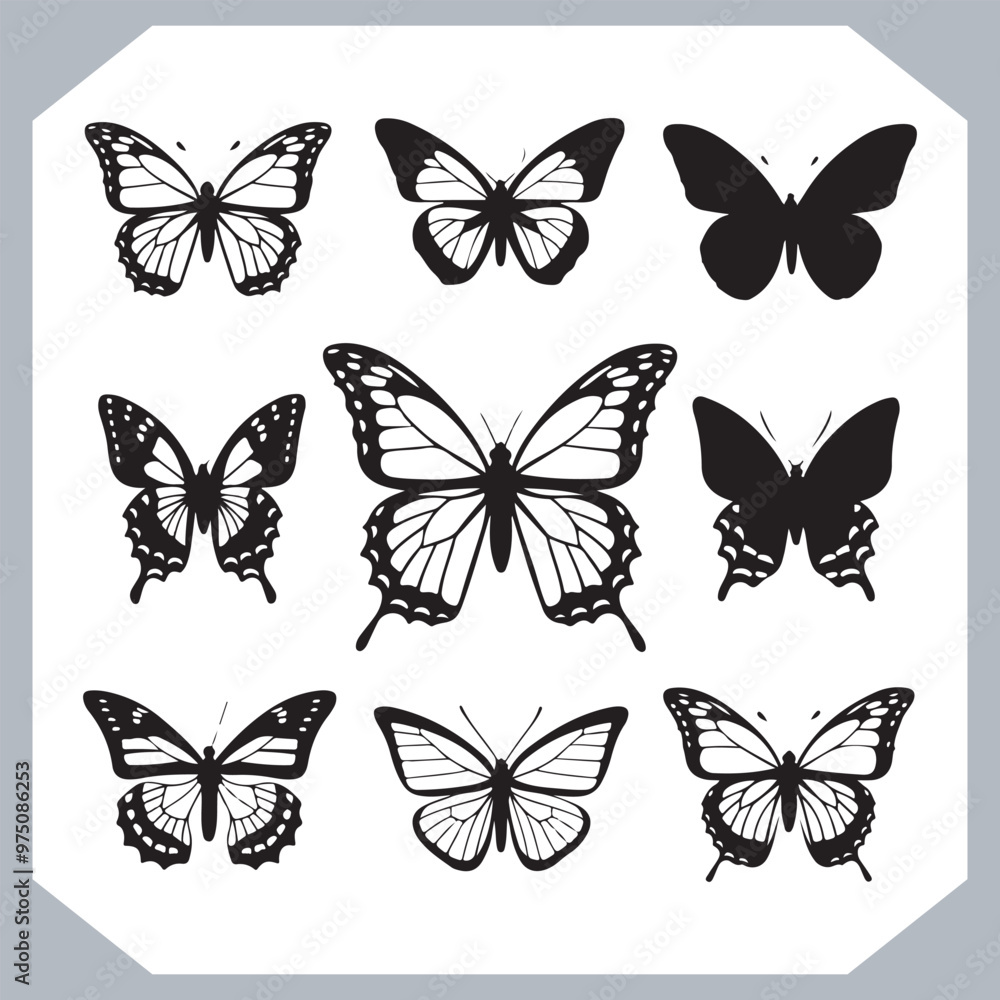 Butterfly silhouette icon, Silhouettes of butterflies. Black of funny butterflies. Insect butterfly black silhouette, Set of butterflies Butterfly silhouette icon, Silhouettes of butterflies. Black of funny butterflies. Insect butterfly black silhouette, Set of butterflies