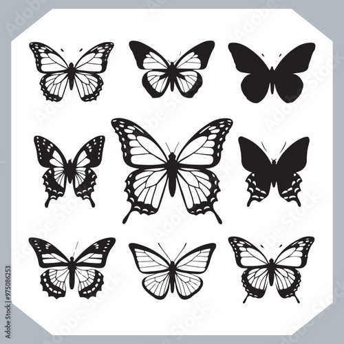 Butterfly silhouette icon, Silhouettes of butterflies. Black of funny butterflies. Insect butterfly black silhouette, Set of butterflies