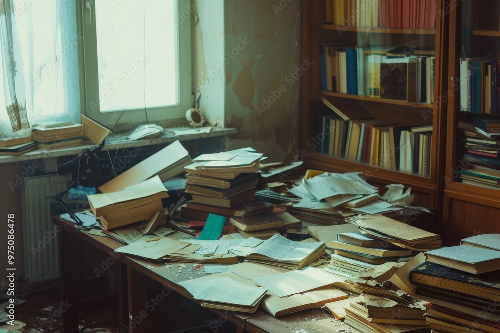 An abandoned library room with scattered books and dilapidated shelves, evoking a sense of neglect and forgotten knowledge. An abandoned library room with scattered books and dilapidated shelves, evoking a sense of neglect and forgotten knowledge.