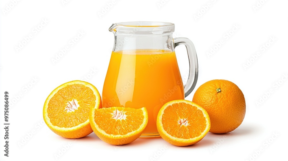 A glass of orange juice with a slice of orange and a few surrounding slices on a clean white background A glass of orange juice with a slice of orange and a few surrounding slices on a clean white background