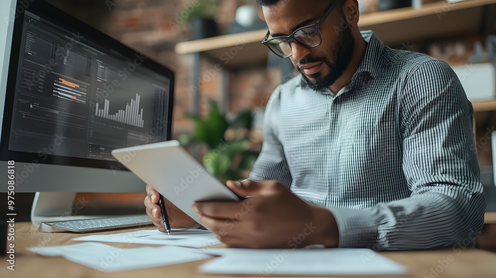 Fototapeta premium Man in Glasses Using a Tablet and Pen While Analyzing Financial Data on a Computer Monitor