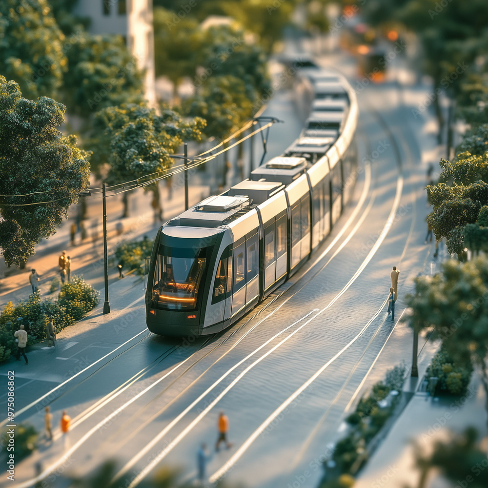 Obraz premium An Electric Tram Cuts Through the Bustle of a City Center