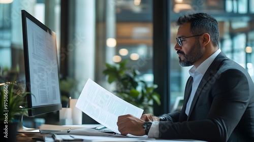 Businessman Reviewing Documents at His Desk