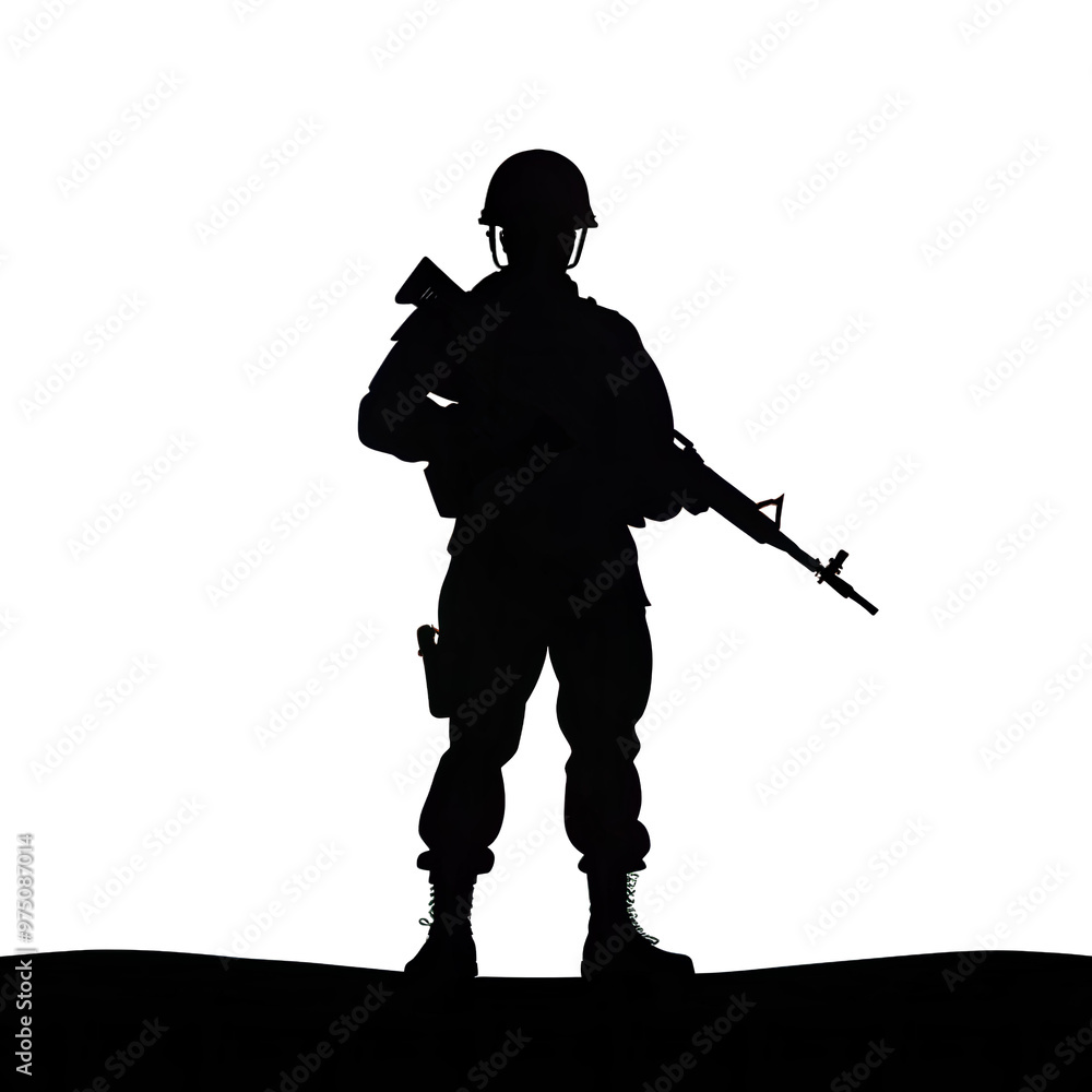 A Bangladeshi soldier is depicted in silhouette standing tall with a rifle representing bravery and dedication to the countrys security and peace A Bangladeshi soldier is depicted in silhouette standing tall with a rifle representing bravery and dedication to the countrys security and peace