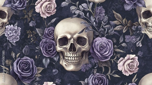 A Human Skull Surrounded by Purple Roses and Other Flowers photo