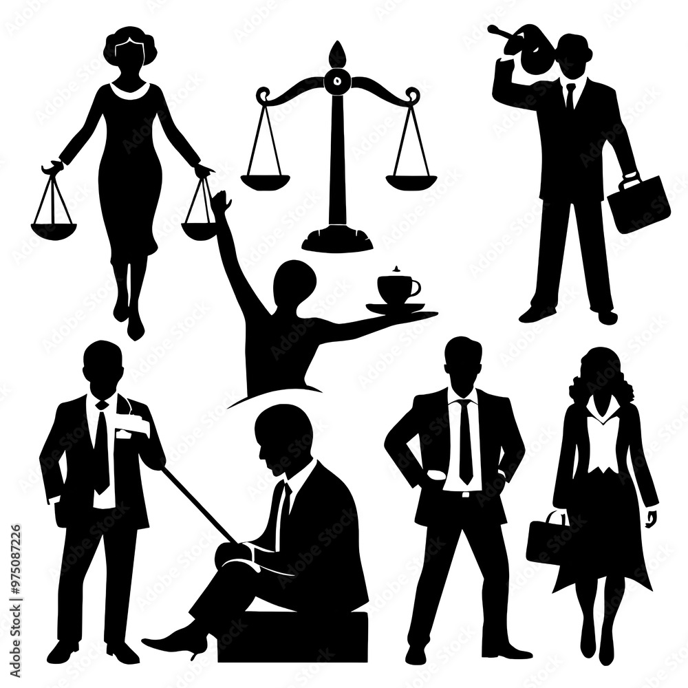 Obraz premium Silhouettes of lawyers in different poses highlight their roles in the legal field showcasing activities such as holding scales and presenting cases