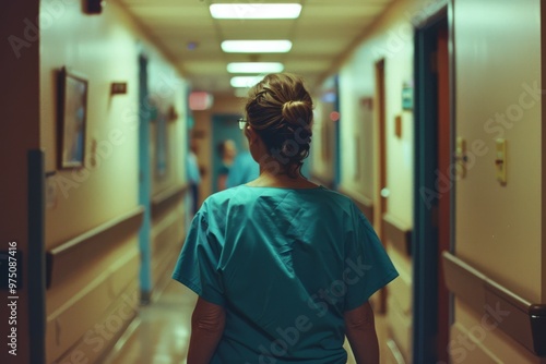 A nurse walking down a brightly lit hospital hallway, embodying dedication and care in a medical setting.