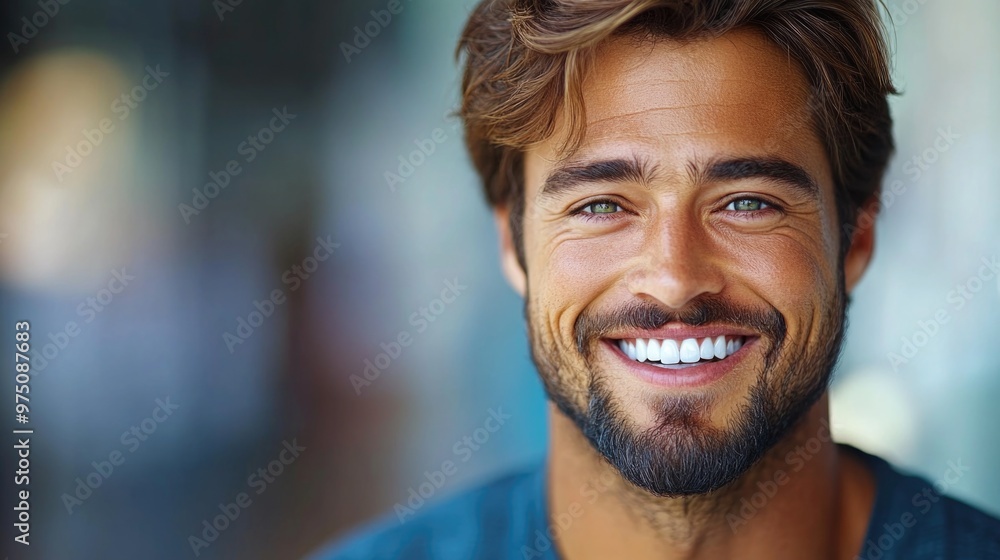 A man displays his bright smile after a successful teeth whitening treatment A man displays his bright smile after a successful teeth whitening treatment