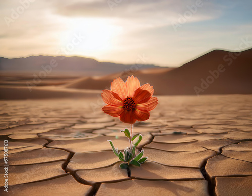 Single orange flower is growing out of dry, cracked desert soil with a blurred desert landscape and sunset in the background