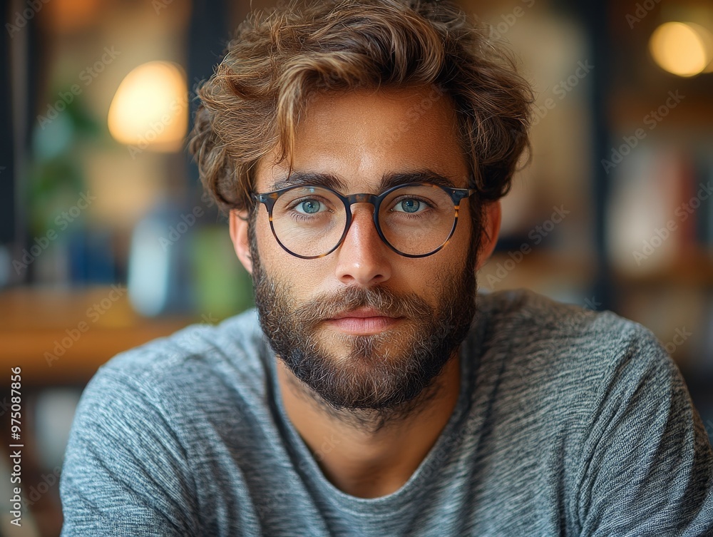 Man with glasses and a beard seated at a table. Man with glasses and a beard seated at a table.