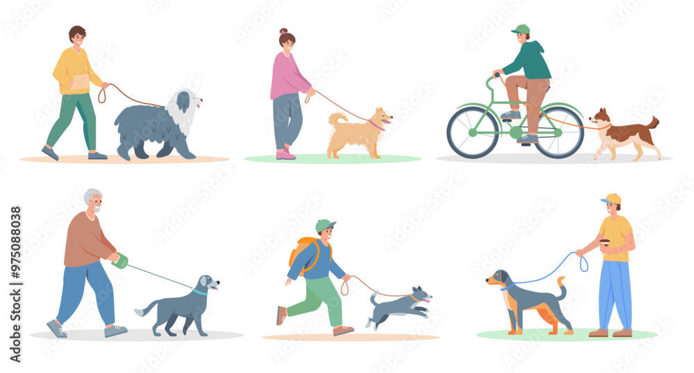 People with dogs set. Men, women and children walking and playing with dog. Dog lover, owner or volunteer characters. Vector flat illustration isolated on white background. People with dogs set. Men, women and children walking and playing with dog. Dog lover, owner or volunteer characters. Vector flat illustration isolated on white background.