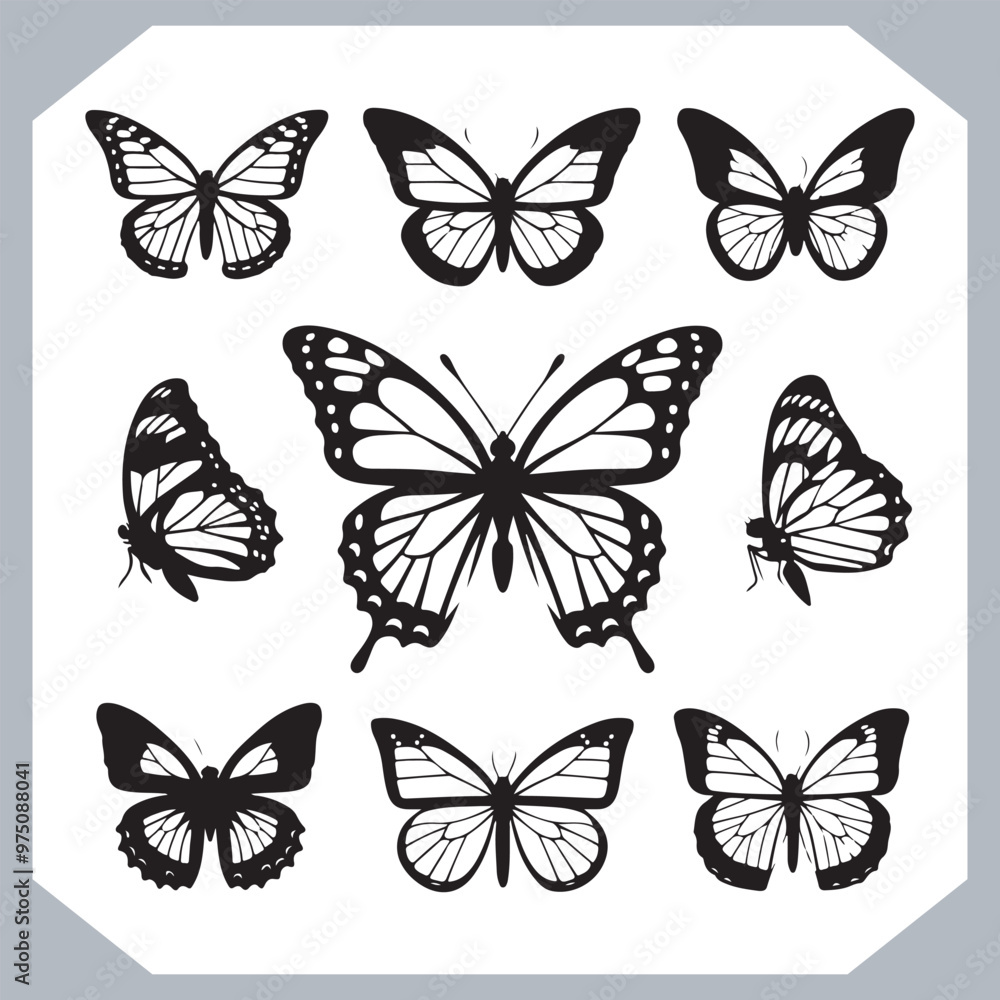 Butterfly silhouette icon, Silhouettes of butterflies. Black of funny butterflies. Insect butterfly black silhouette, Set of butterflies Butterfly silhouette icon, Silhouettes of butterflies. Black of funny butterflies. Insect butterfly black silhouette, Set of butterflies
