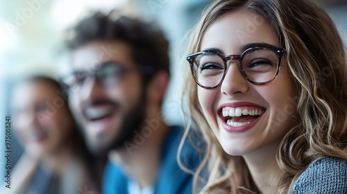 A Woman Wearing Glasses Smiles Brightly While Surrounded by Others