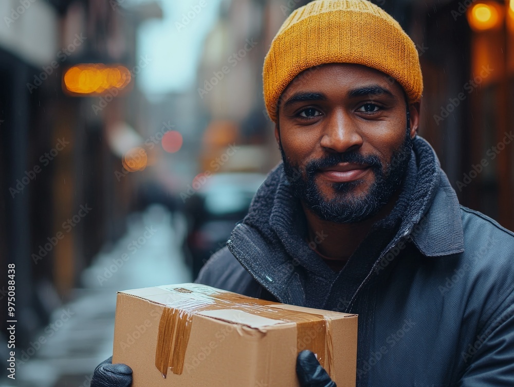 Man wearing a yellow hat carrying a box in a city area. Man wearing a yellow hat carrying a box in a city area.