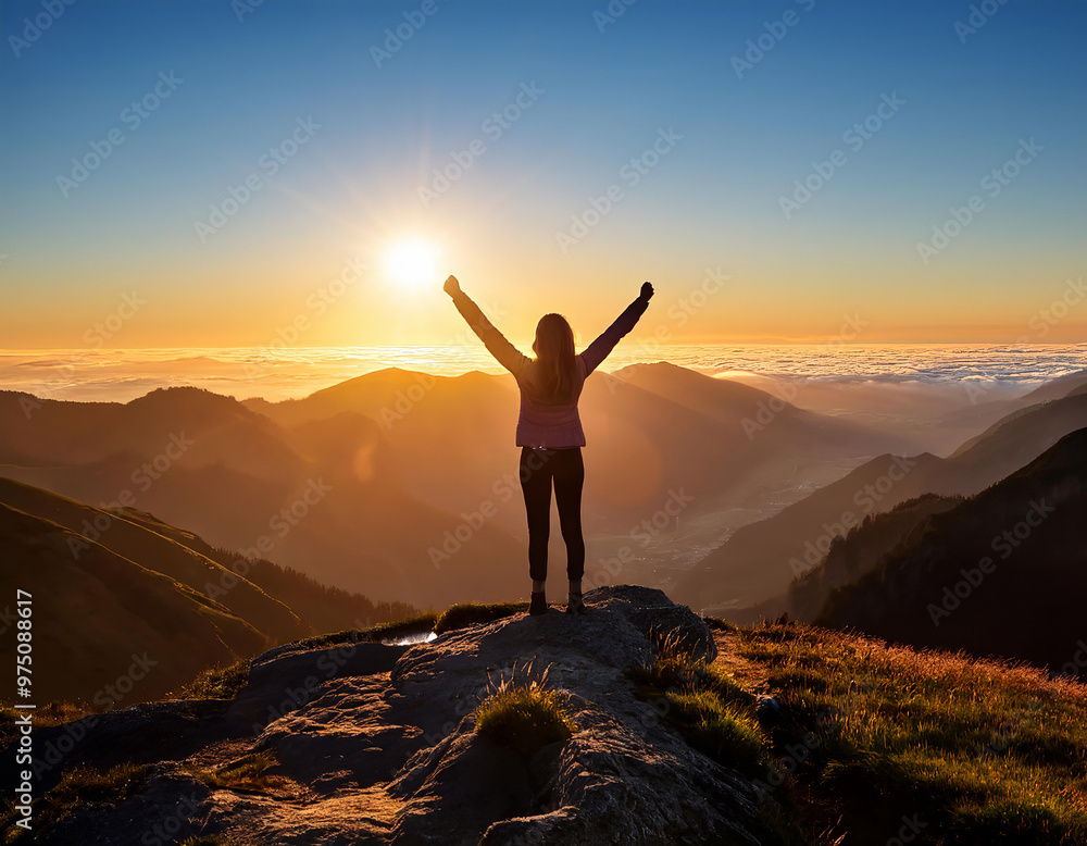 Fototapeta premium Hiker is celebrating reaching the summit by raising her arms in the air as the sun sets