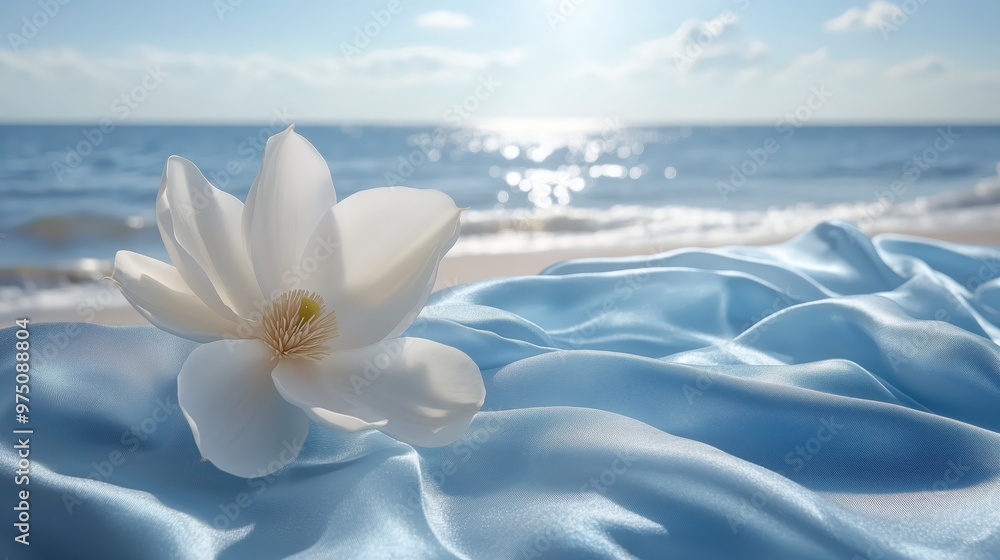 A serene coastal scene with a white flower resting on soft blue fabric, capturing the tranquility of the seaside with shimmering ocean waves and clear skies. A serene coastal scene with a white flower resting on soft blue fabric, capturing the tranquility of the seaside with shimmering ocean waves and clear skies.