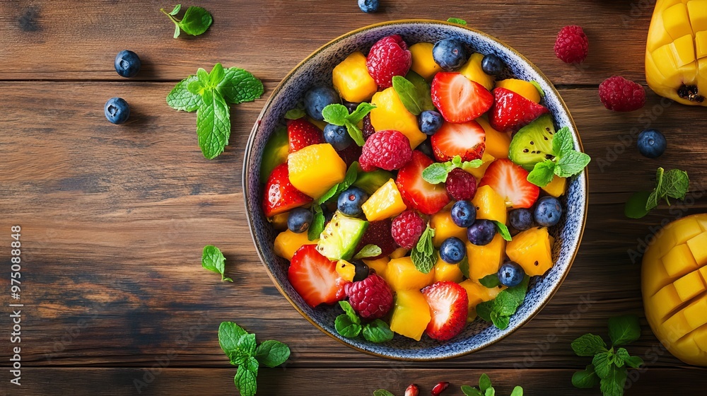 Delicious fruit salad in a bowl with ingredients arranged flat on a wooden table. Delicious fruit salad in a bowl with ingredients arranged flat on a wooden table.